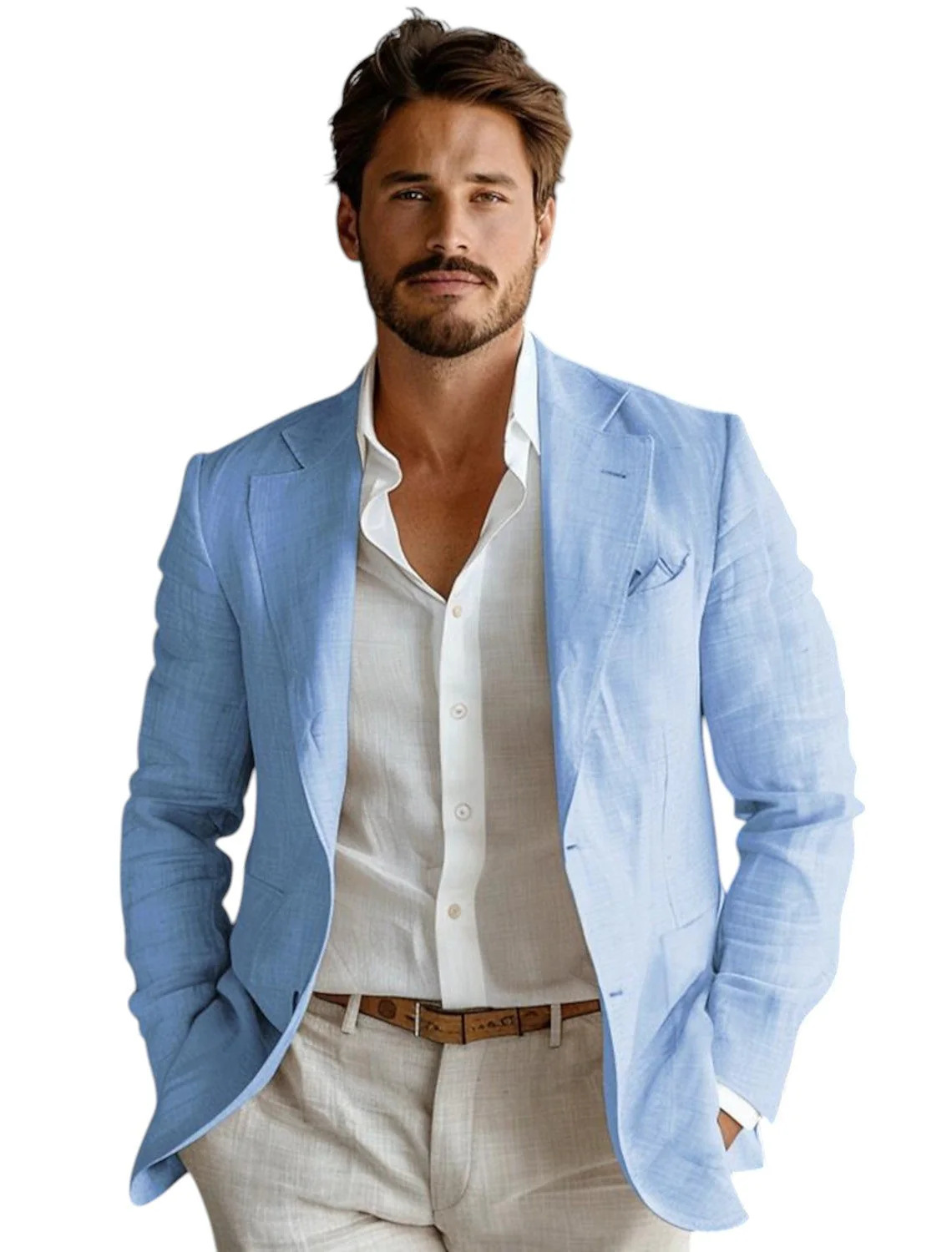 Men Formal Wear Summer - بليزر رجالي أزرق ضيق من الكتان،