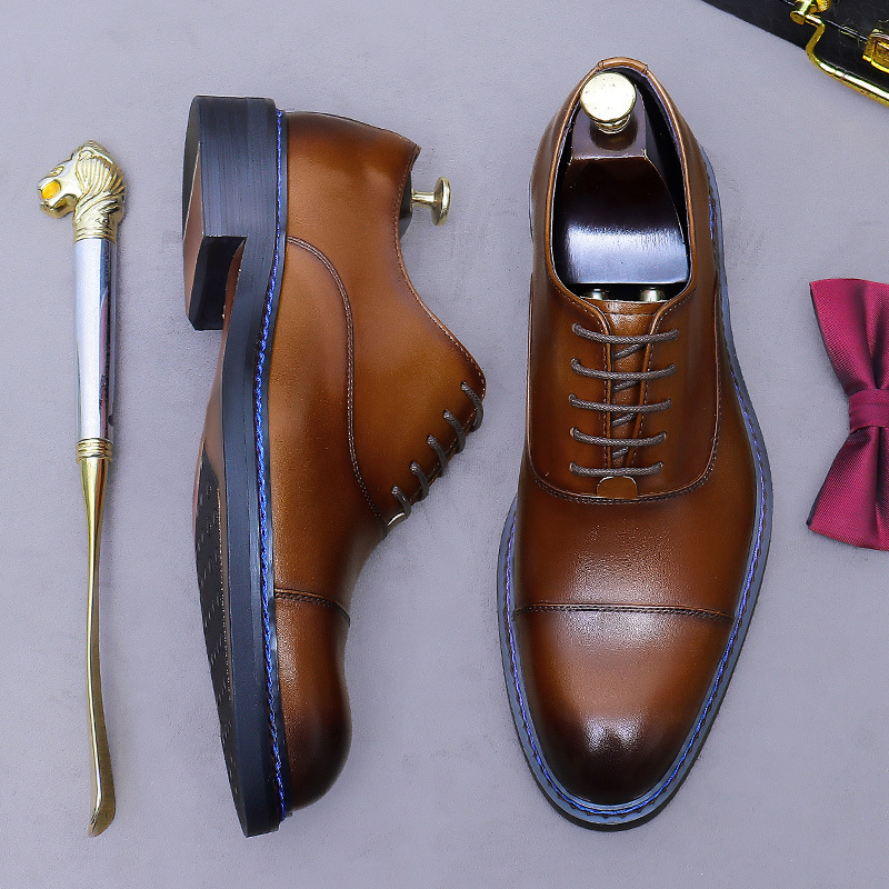 Formal Men Daily Wear Footwear - أحذية أكسفورد كونياك جلد طبيعي أزرق